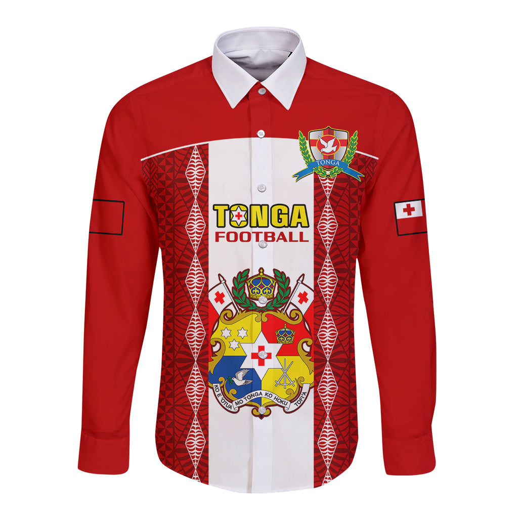 Red long-sleeve football button shirt with white panel, Tonga crest and patterned design