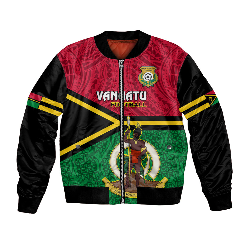 Personalised Vanuatu Football Bomber Jacket Vanuatuan Coat Of Arm Polynesian Flag Style - Wonder Print Shop