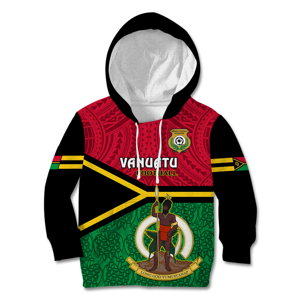 Personalised Vanuatu Football Kid Hoodie Vanuatuan Coat Of Arm Polynesian Flag Style - Wonder Print Shop