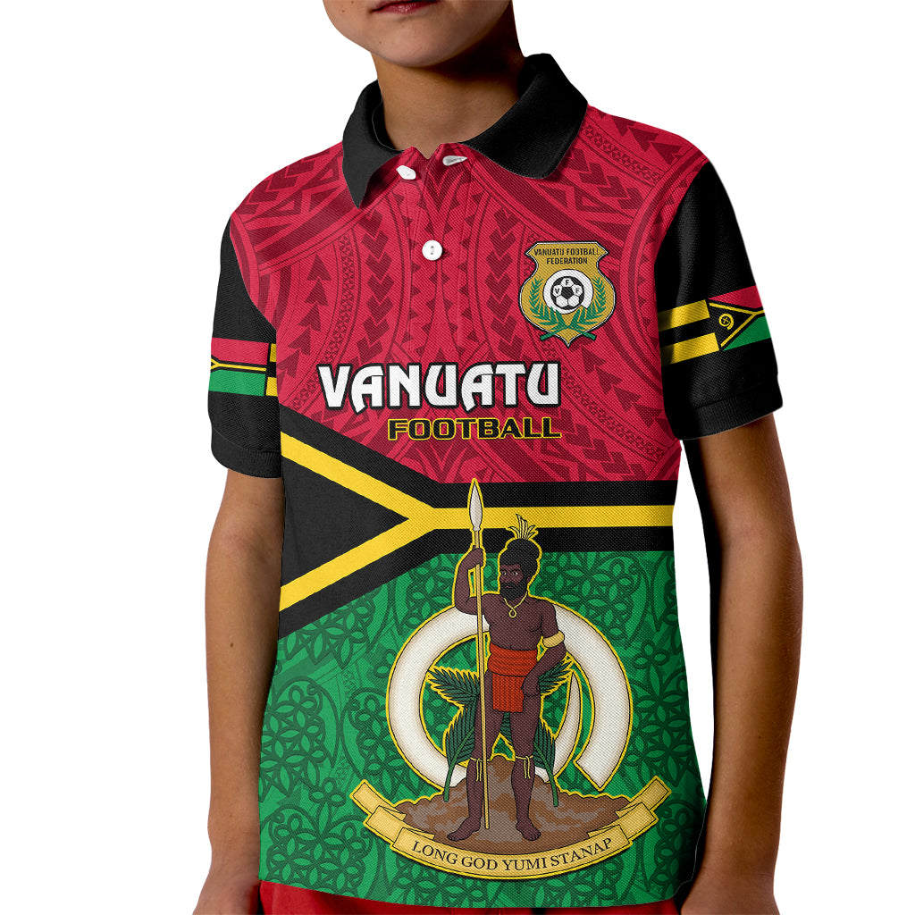 Personalised Vanuatu Football Kid Polo Shirt Vanuatuan Coat Of Arm Polynesian Flag Style - Wonder Print Shop