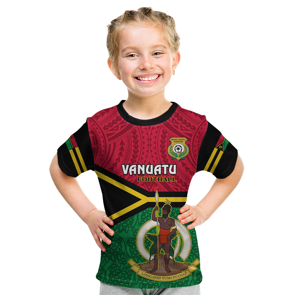 Personalised Vanuatu Football Kid T Shirt Vanuatuan Coat Of Arm Polynesian Flag Style - Wonder Print Shop