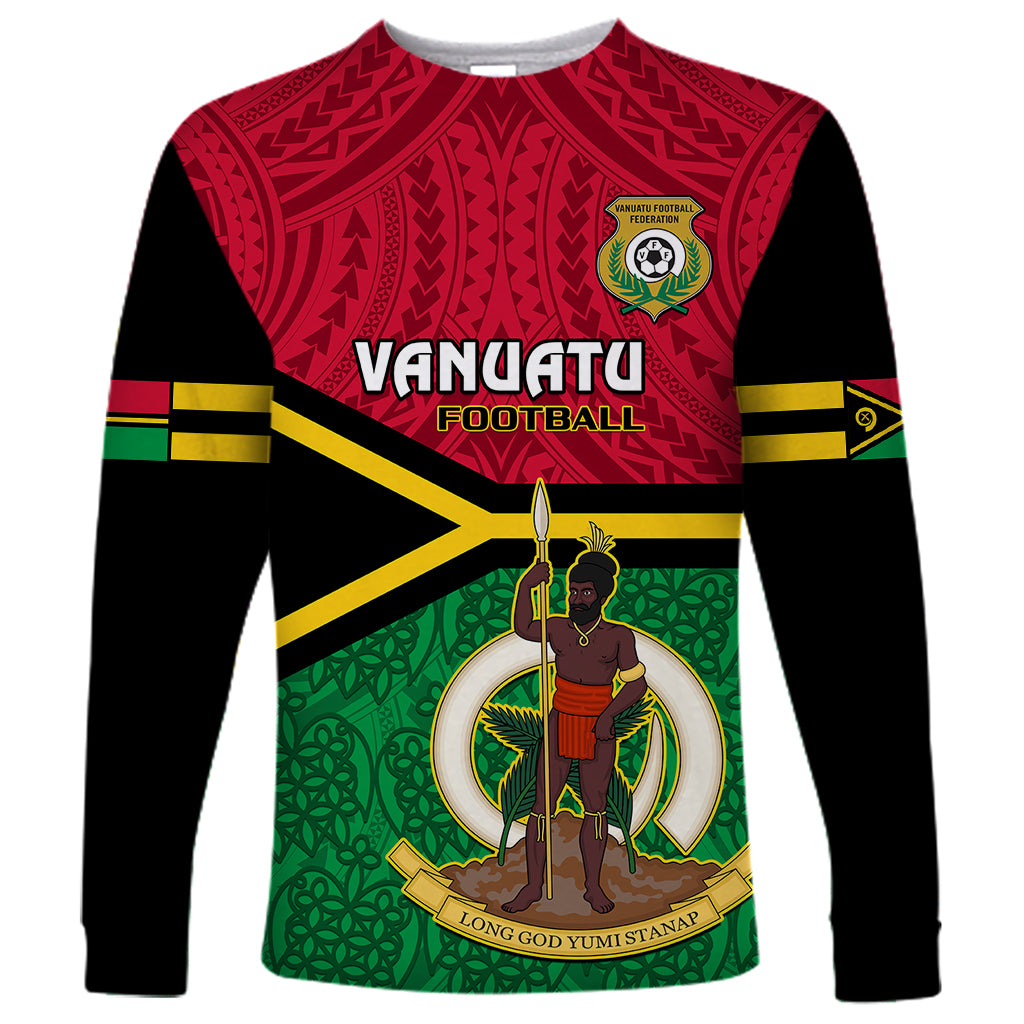 Personalised Vanuatu Football Long Sleeve Shirt Vanuatuan Coat Of Arm Polynesian Flag Style - Wonder Print Shop