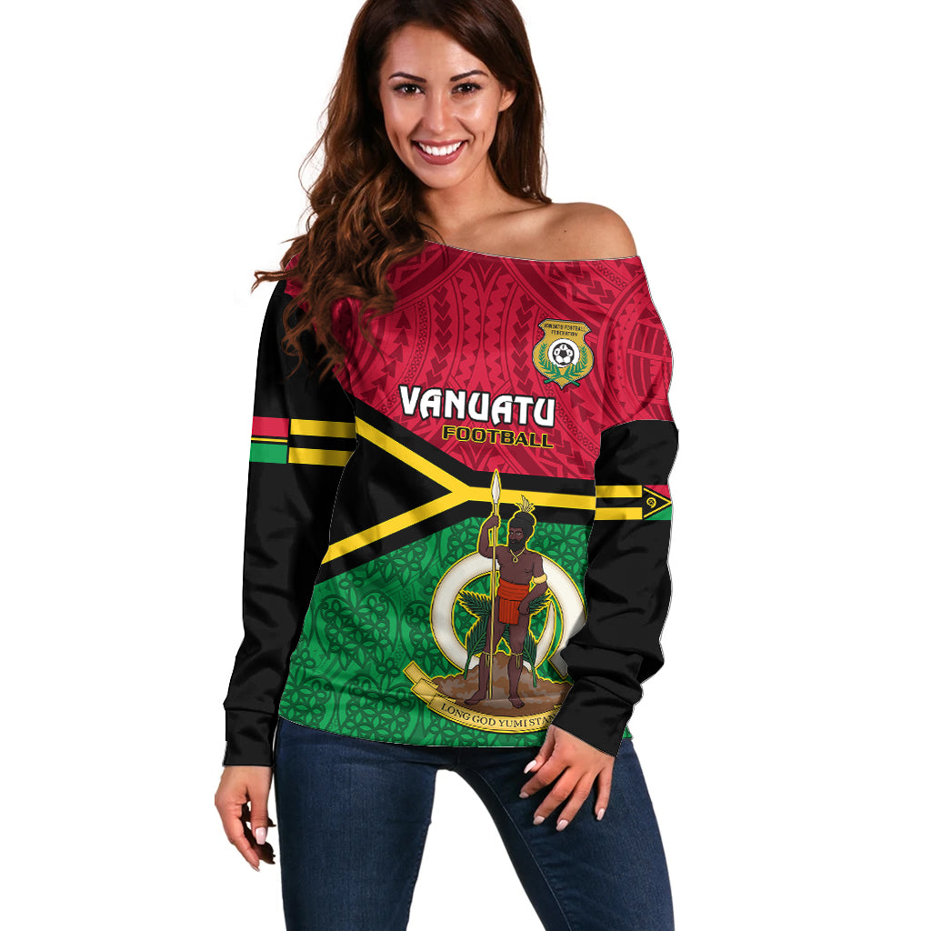 Personalised Vanuatu Football Off Shoulder Sweater Vanuatuan Coat Of Arm Polynesian Flag Style - Wonder Print Shop