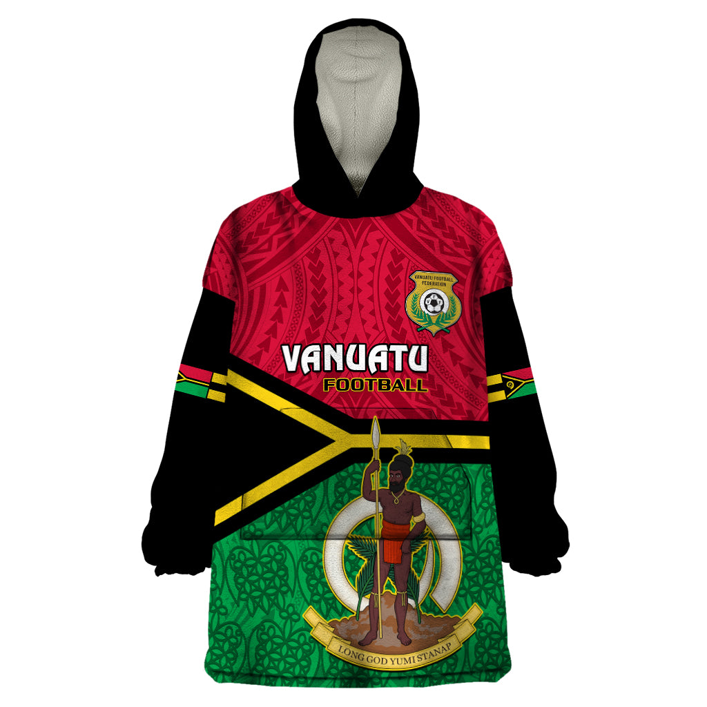 Personalised Vanuatu Football Wearable Blanket Hoodie Vanuatuan Coat Of Arm Polynesian Flag Style - Wonder Print Shop