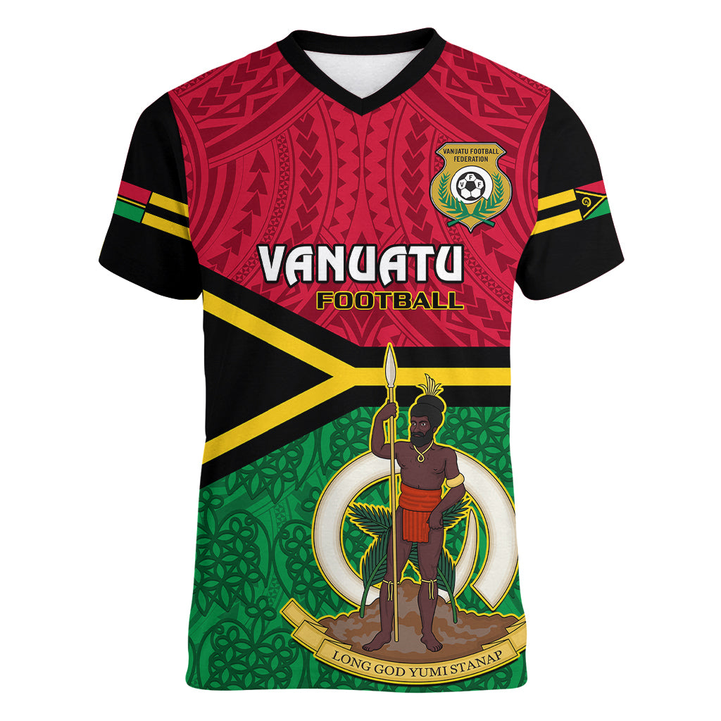 Personalised Vanuatu Football Women V Neck T Shirt Vanuatuan Coat Of Arm Polynesian Flag Style - Wonder Print Shop