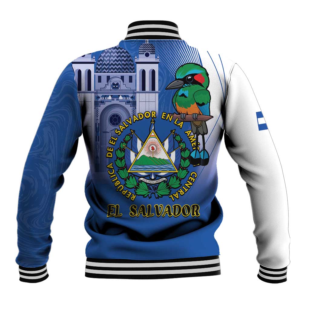 Blue baseball jacket with striped ribbed collar and large front El Salvador bird emblem