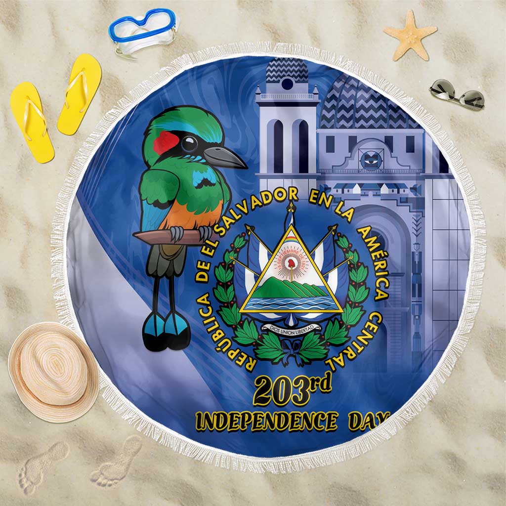 Round blue beach blanket with fringed edge, parrot bird and Independence Day emblem