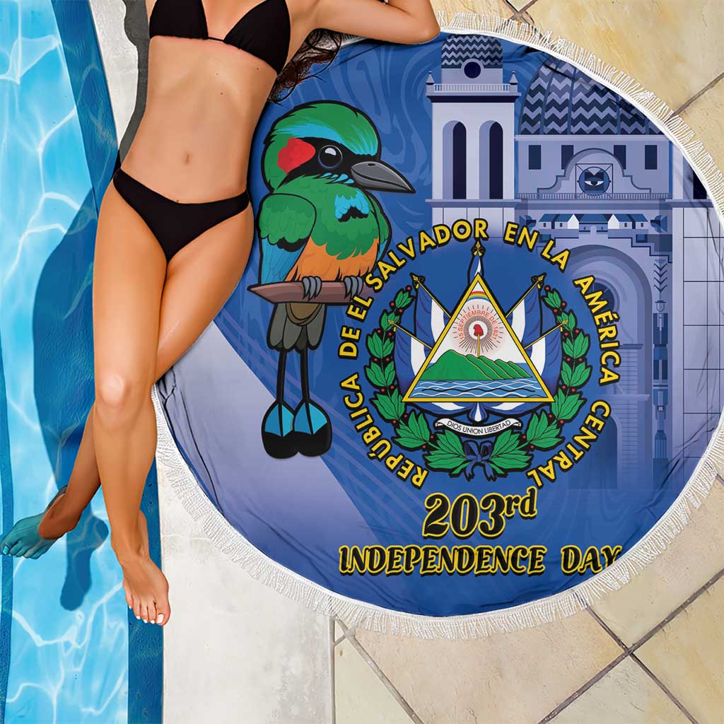 Blue round beach blanket with fringed edge, parrot bird and El Salvador emblem graphic