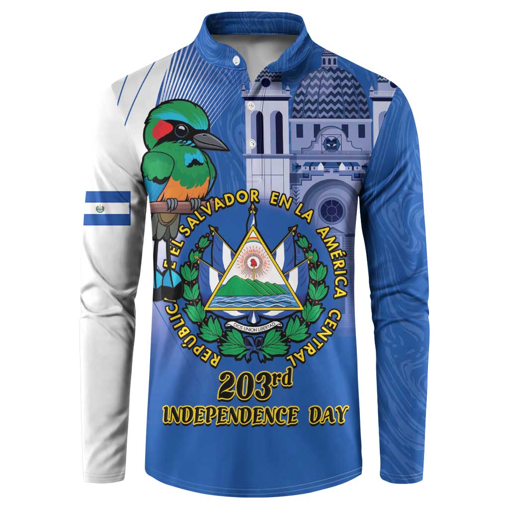 Blue button-up sweatshirt with bird and El Salvador emblem graphic on the chest.