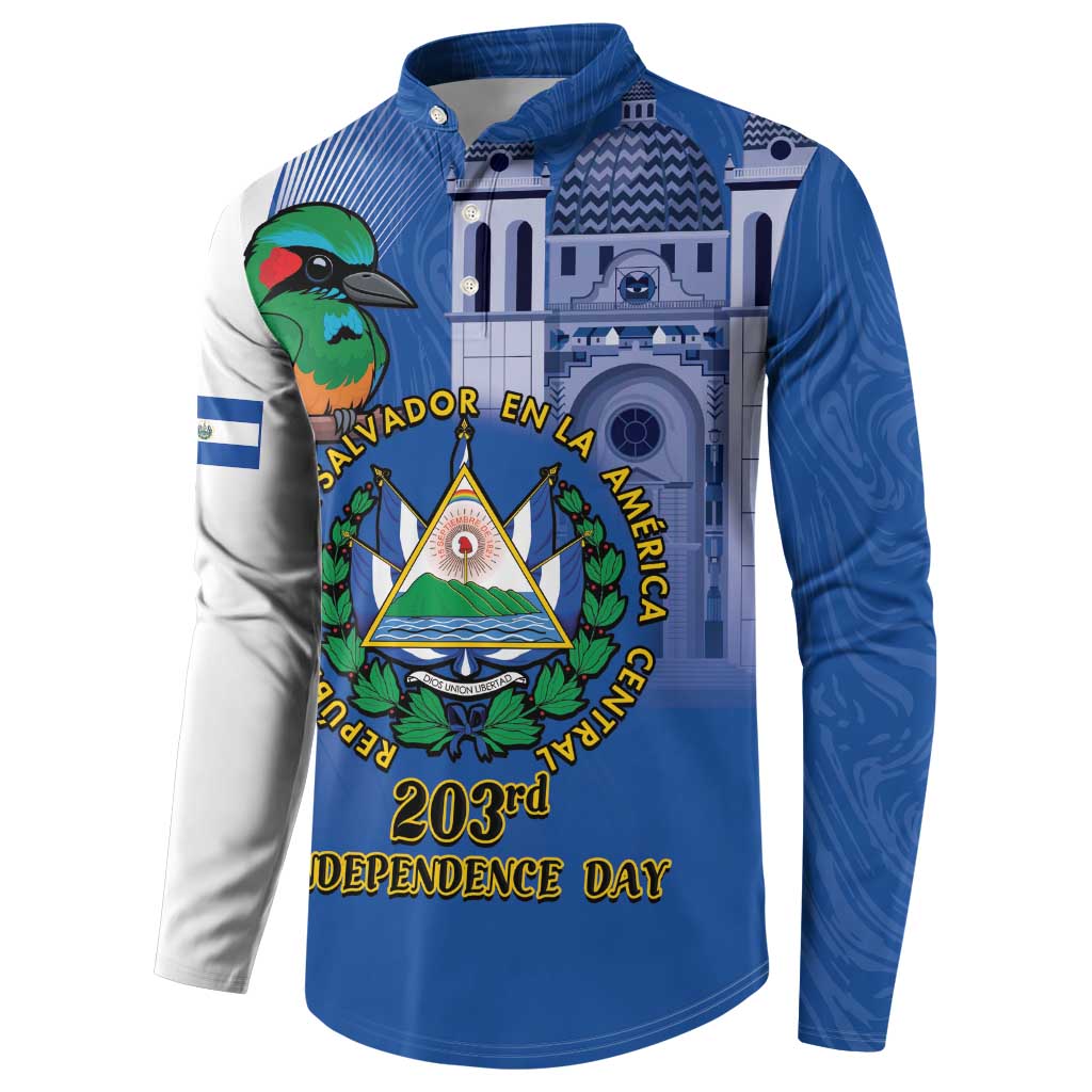 Blue button-up sweatshirt with bird and emblem graphic, long sleeves and striped trim.