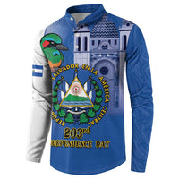 Blue button-up sweatshirt with bird and emblem graphic, long sleeves and striped trim.