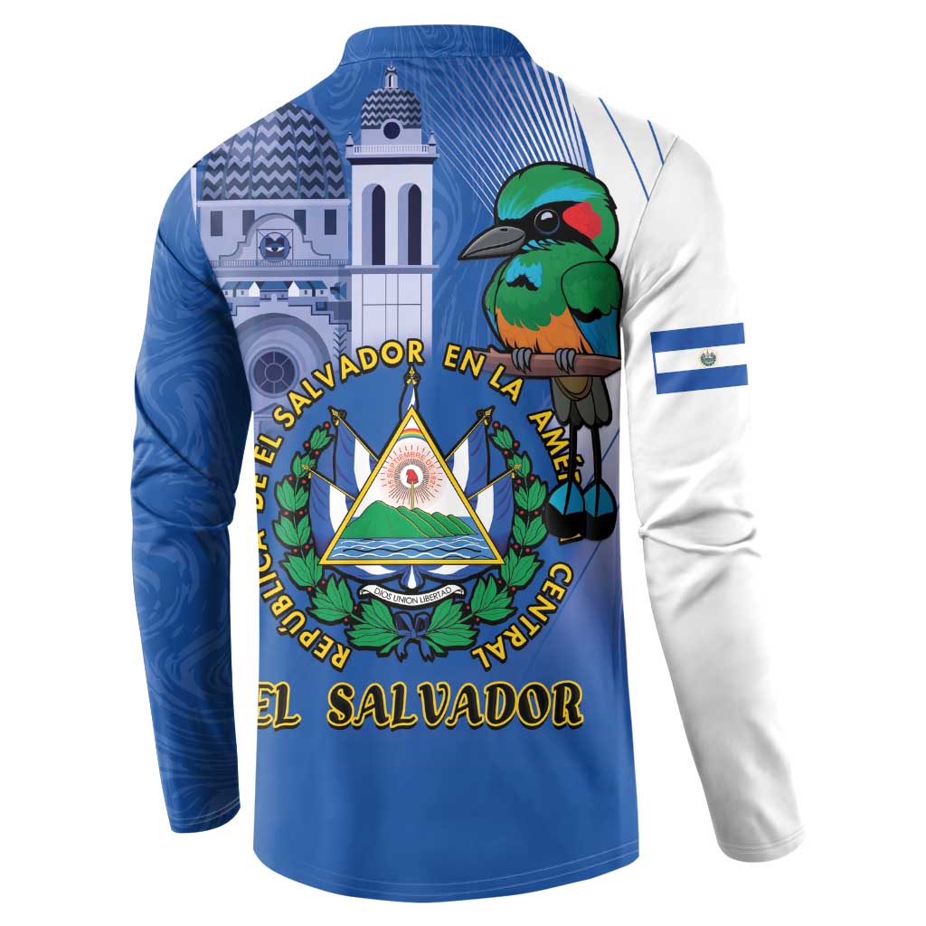 Blue button-up sweatshirt with large back graphic of bird and shield emblem.