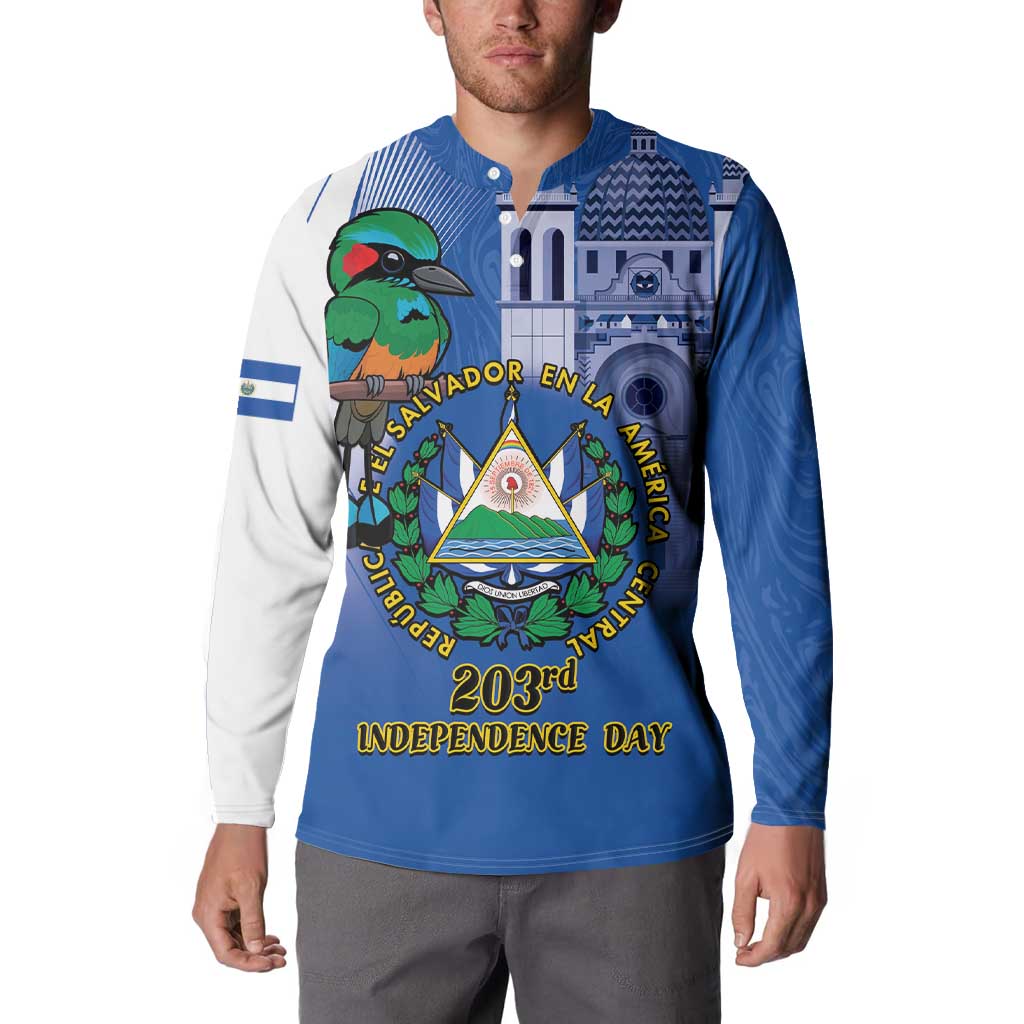 Blue and white button-up sweatshirt with front bird graphic and El Salvador emblem.
