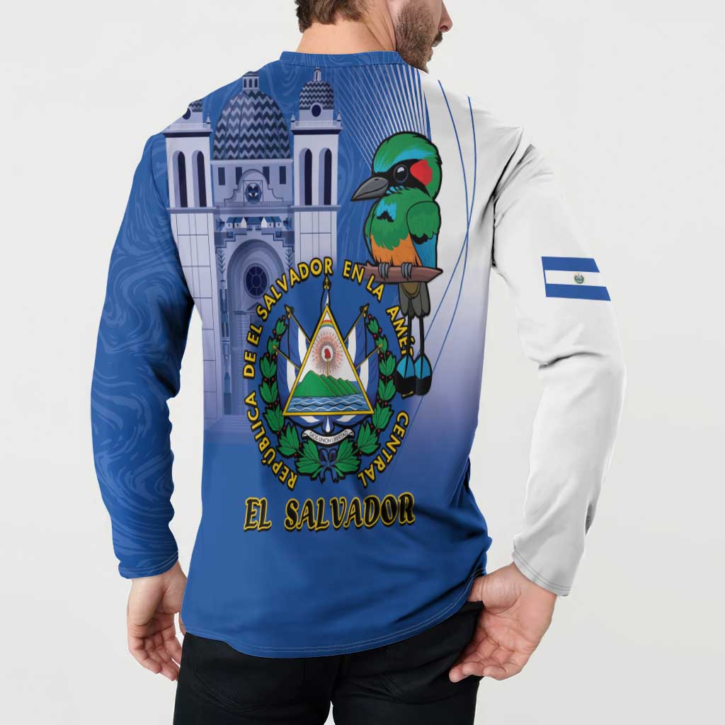 Blue button-up sweatshirt with back El Salvador bird and crest graphic, long sleeves.