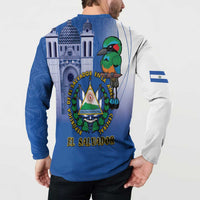 Blue button-up sweatshirt with back El Salvador bird and crest graphic, long sleeves.