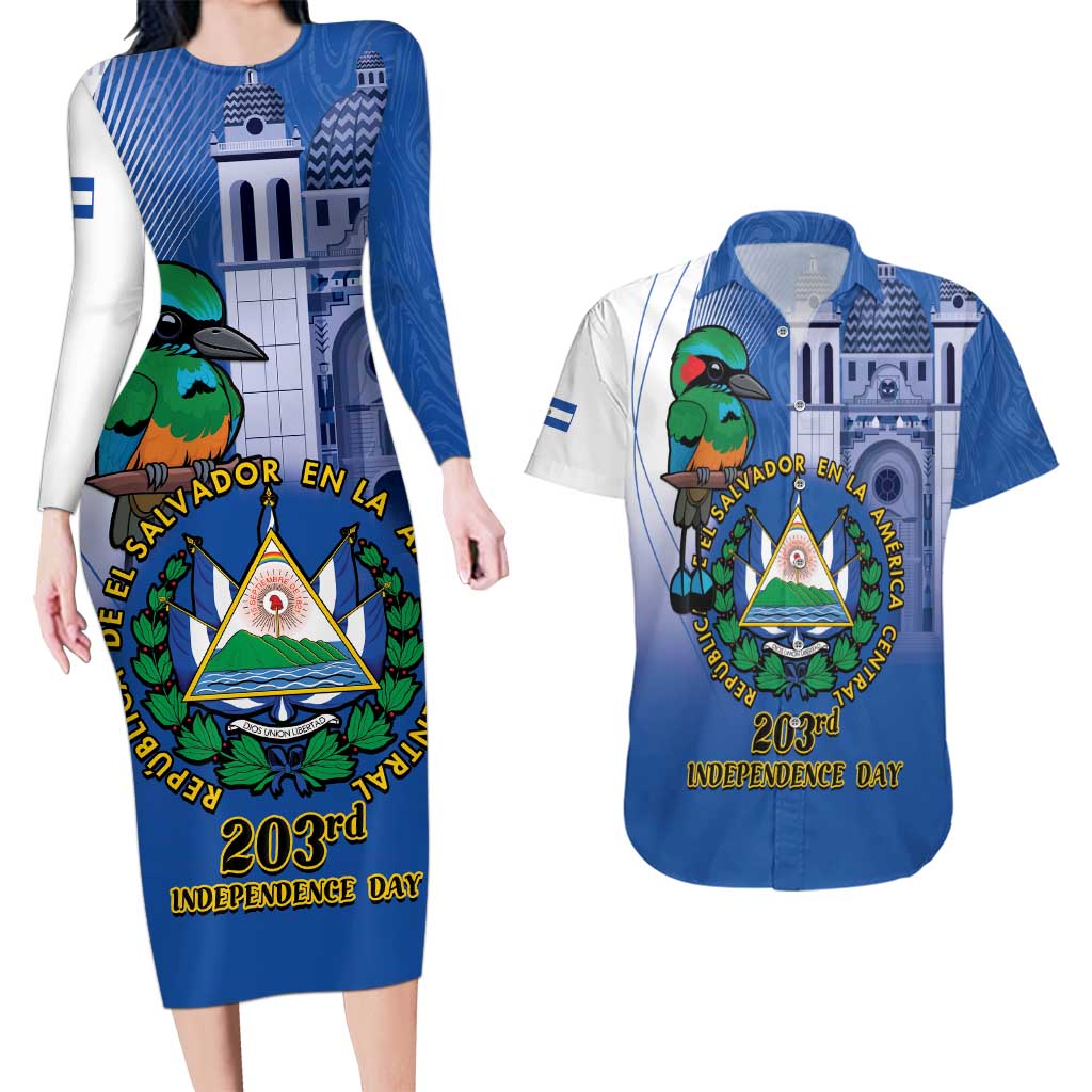 El Salvador Independence Day Couples Matching Long Sleeve Bodycon Dress and Hawaiian Shirt 203rd Anniversary Torogoz Bird - Wonder Print Shop