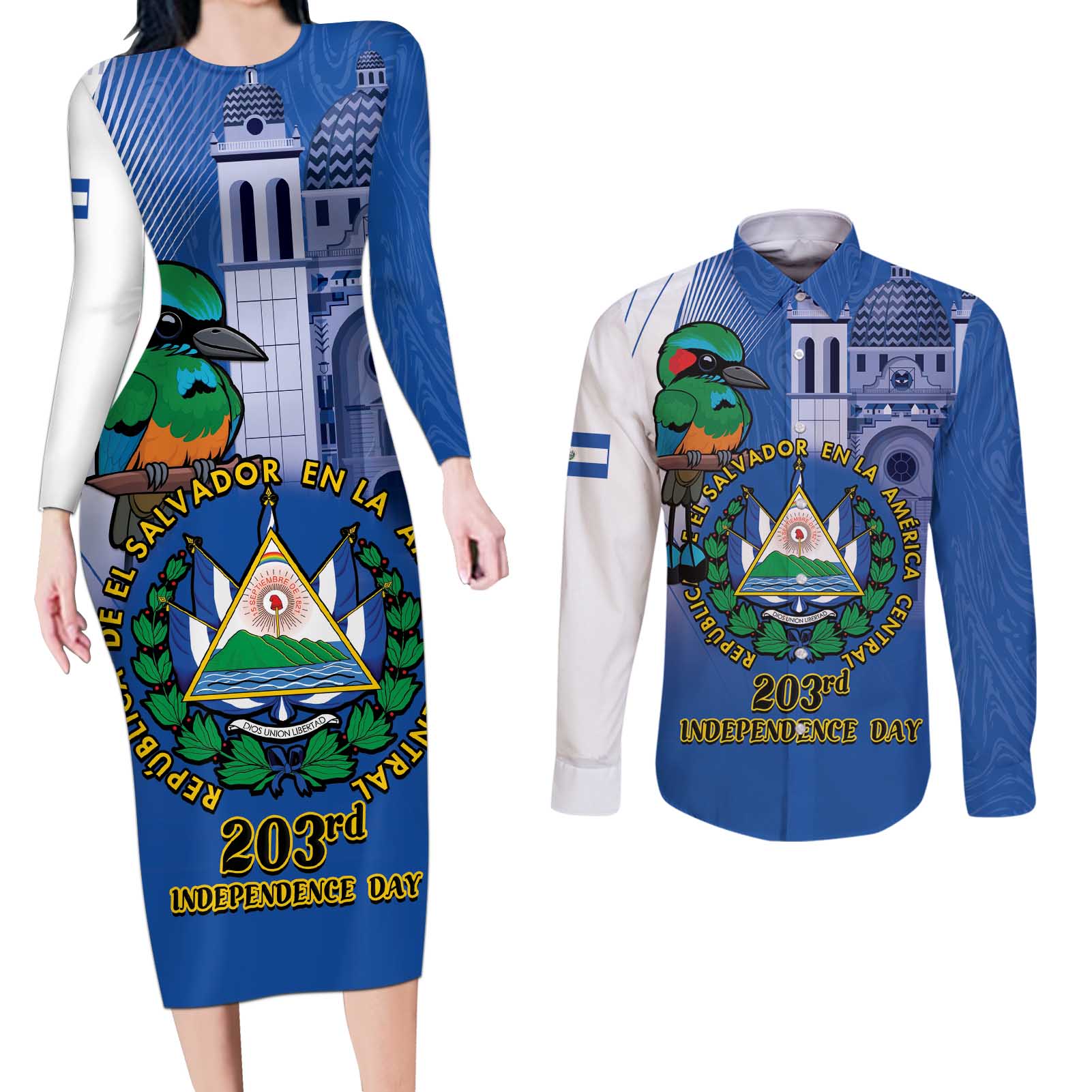 El Salvador Independence Day Couples Matching Long Sleeve Bodycon Dress and Long Sleeve Button Shirt 203rd Anniversary Torogoz Bird - Wonder Print Shop