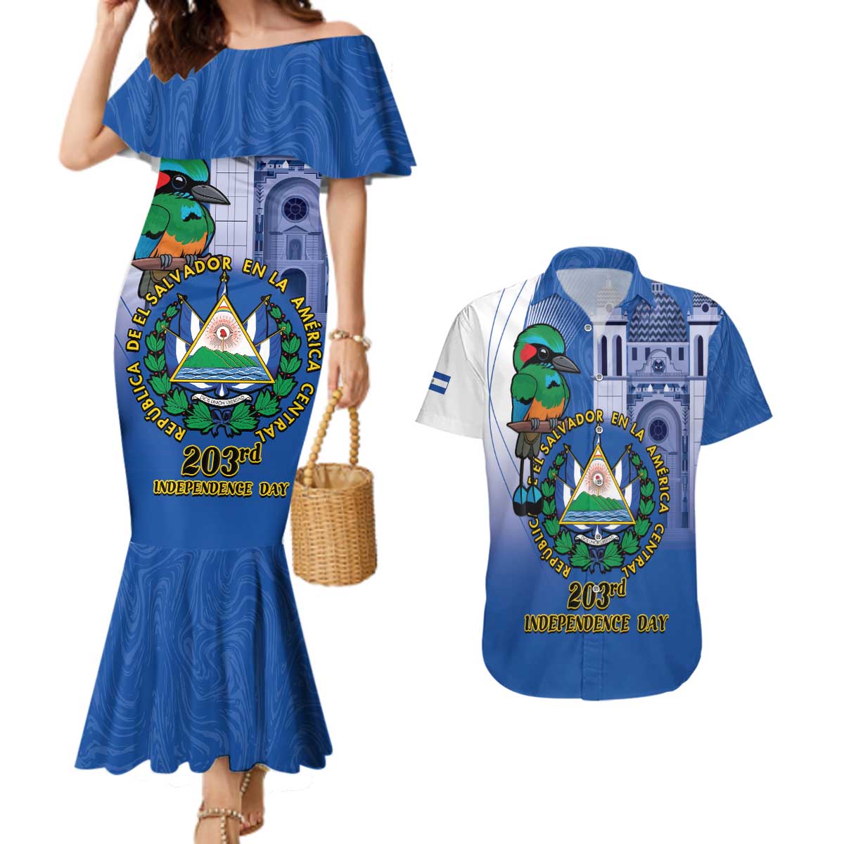 El Salvador Independence Day Couples Matching Mermaid Dress and Hawaiian Shirt 203rd Anniversary Torogoz Bird - Wonder Print Shop