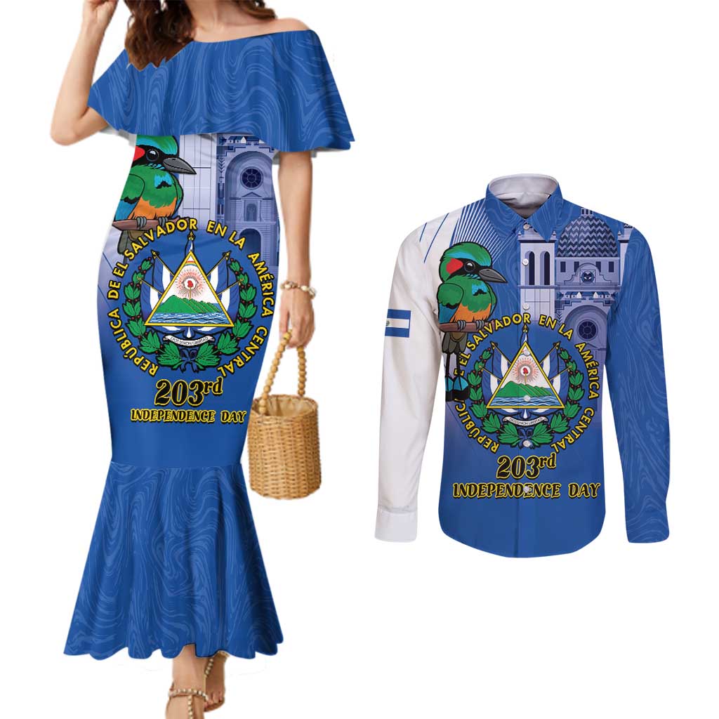 El Salvador Independence Day Couples Matching Mermaid Dress and Long Sleeve Button Shirt 203rd Anniversary Torogoz Bird