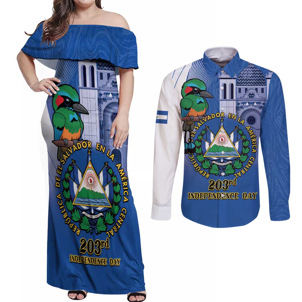 El Salvador Independence Day Couples Matching Off Shoulder Maxi Dress and Long Sleeve Button Shirt 203rd Anniversary Torogoz Bird - Wonder Print Shop