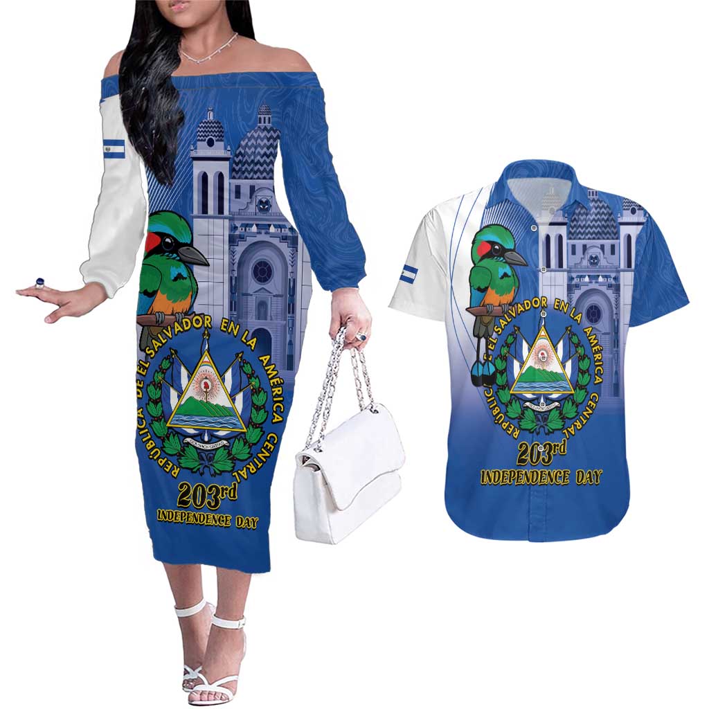 El Salvador Independence Day Couples Matching Off The Shoulder Long Sleeve Dress and Hawaiian Shirt 203rd Anniversary Torogoz Bird - Wonder Print Shop