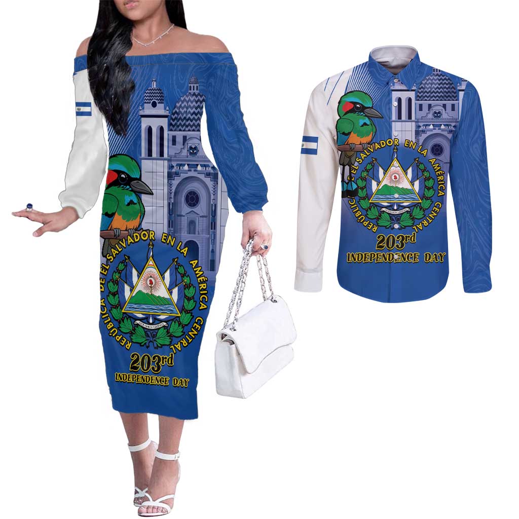 El Salvador Independence Day Couples Matching Off The Shoulder Long Sleeve Dress and Long Sleeve Button Shirt 203rd Anniversary Torogoz Bird