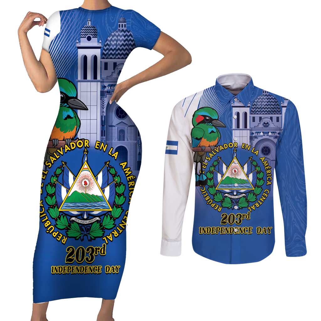 El Salvador Independence Day Couples Matching Short Sleeve Bodycon Dress and Long Sleeve Button Shirt 203rd Anniversary Torogoz Bird - Wonder Print Shop