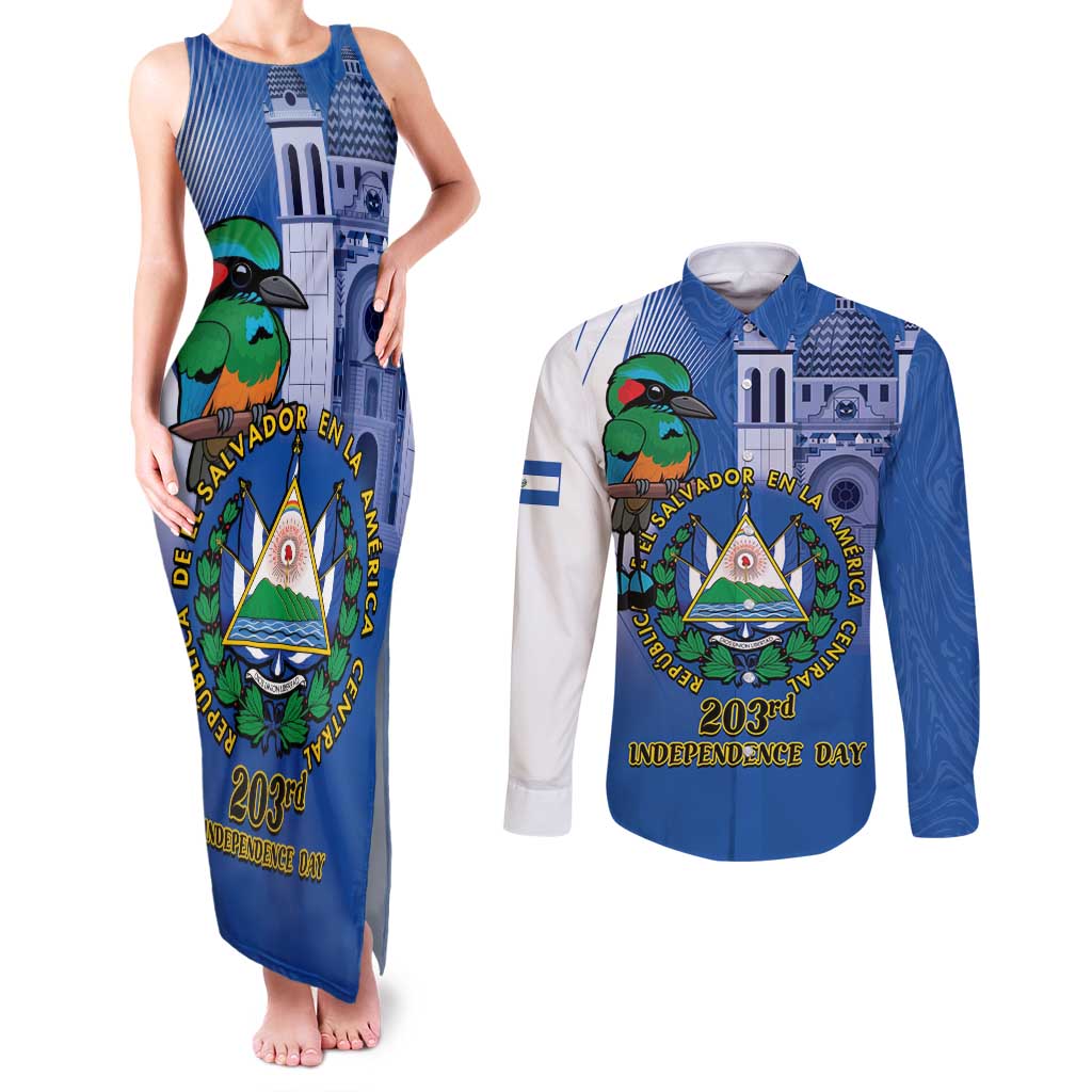 El Salvador Independence Day Couples Matching Tank Maxi Dress and Long Sleeve Button Shirt 203rd Anniversary Torogoz Bird - Wonder Print Shop