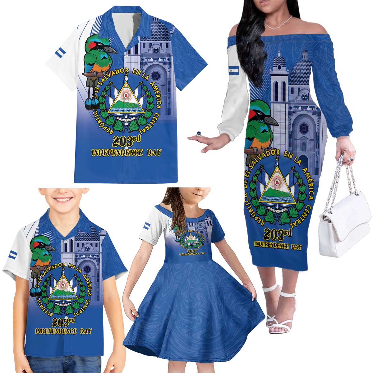 El Salvador Independence Day Family Matching Off The Shoulder Long Sleeve Dress and Hawaiian Shirt 203rd Anniversary Torogoz Bird - Wonder Print Shop