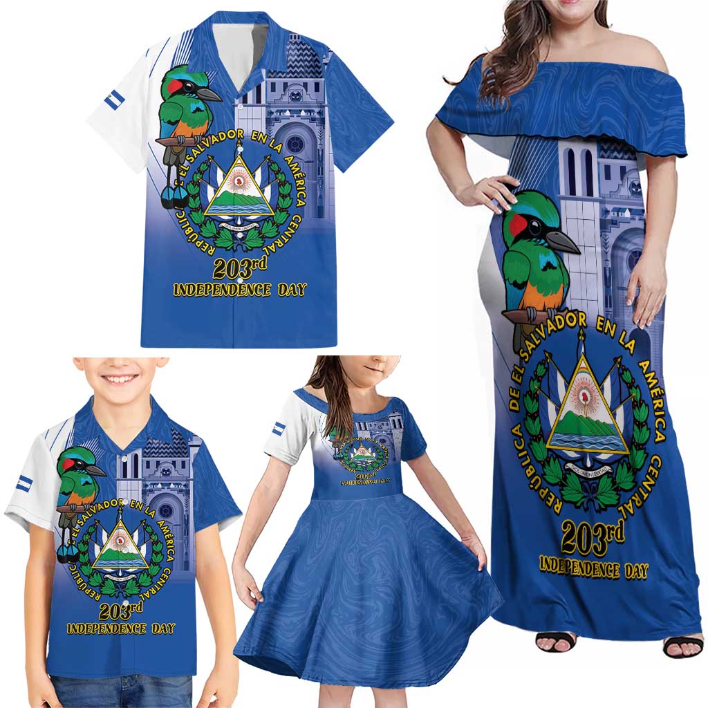 El Salvador Independence Day Family Matching Off Shoulder Maxi Dress and Hawaiian Shirt 203rd Anniversary Torogoz Bird - Wonder Print Shop