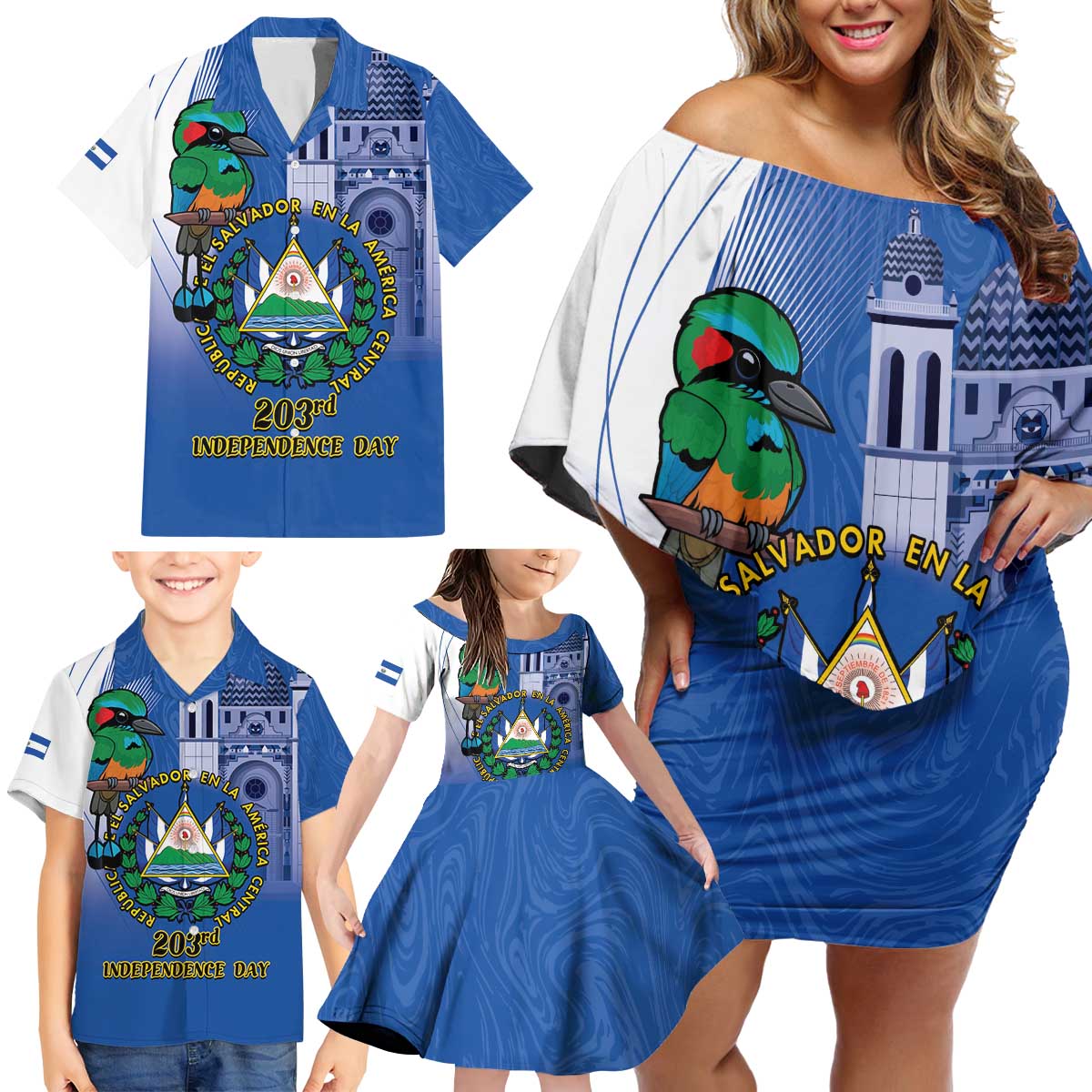 El Salvador Independence Day Family Matching Off Shoulder Short Dress and Hawaiian Shirt 203rd Anniversary Torogoz Bird - Wonder Print Shop