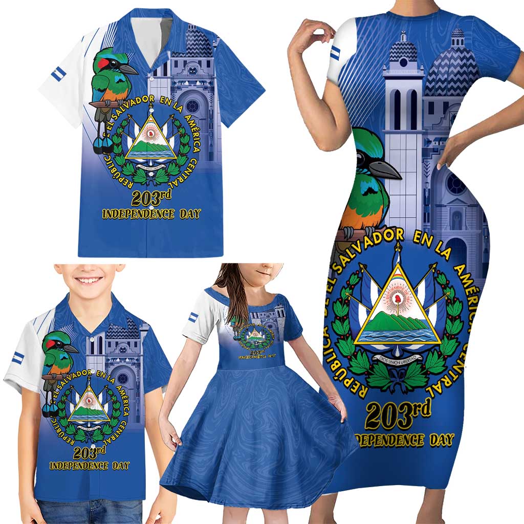 El Salvador Independence Day Family Matching Short Sleeve Bodycon Dress and Hawaiian Shirt 203rd Anniversary Torogoz Bird - Wonder Print Shop