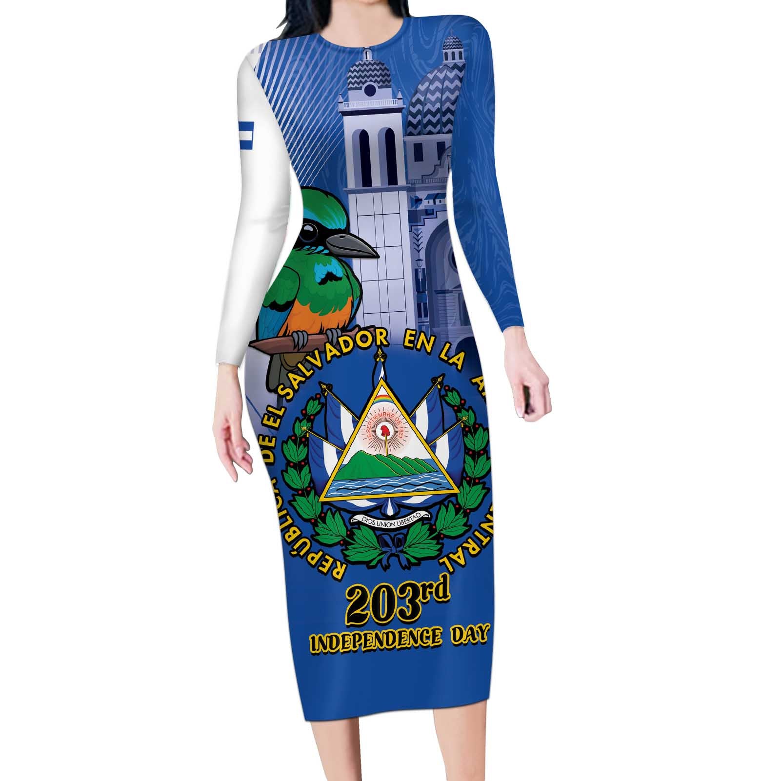 El Salvador Independence Day Long Sleeve Bodycon Dress 203rd Anniversary Torogoz Bird - Wonder Print Shop