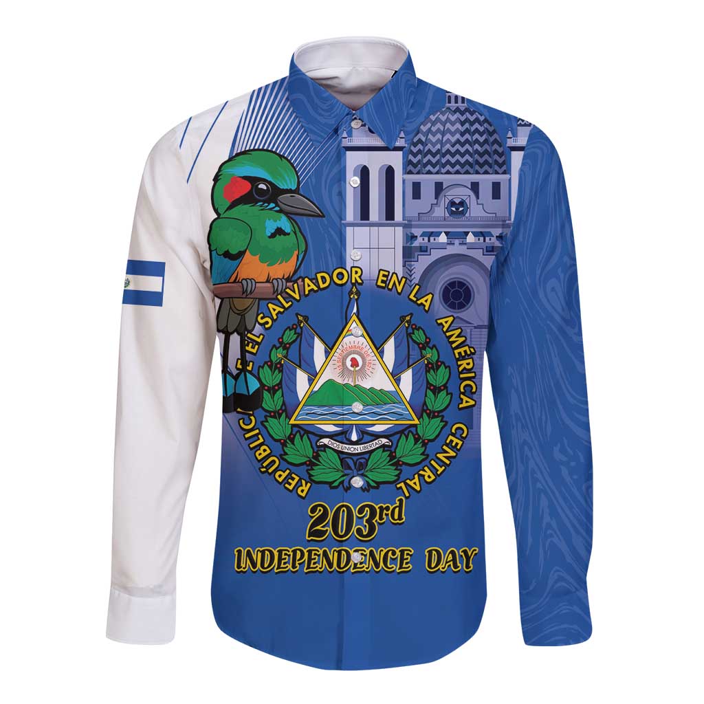 Long-sleeve button shirt in blue and white with El Salvador crest and green bird print