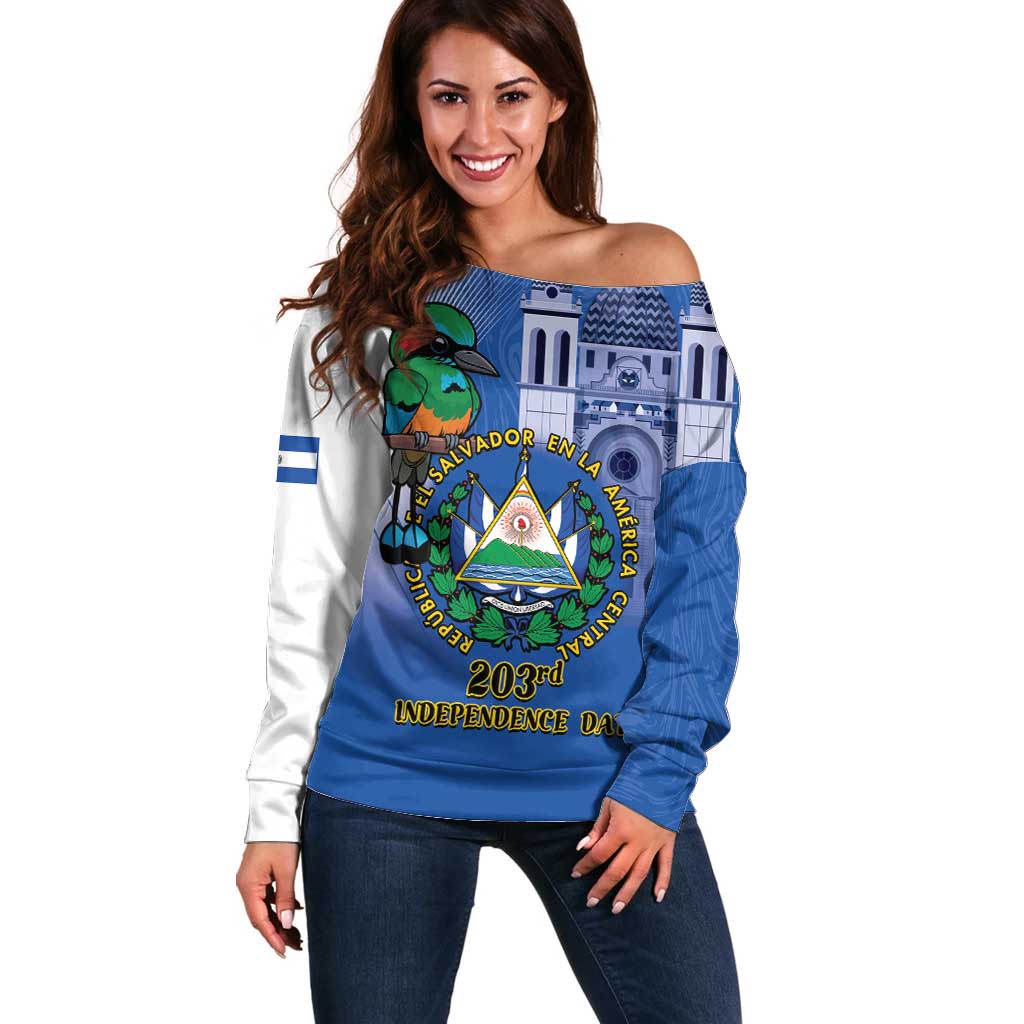 El Salvador Independence Day Off Shoulder Sweater 203rd Anniversary Torogoz Bird - Wonder Print Shop