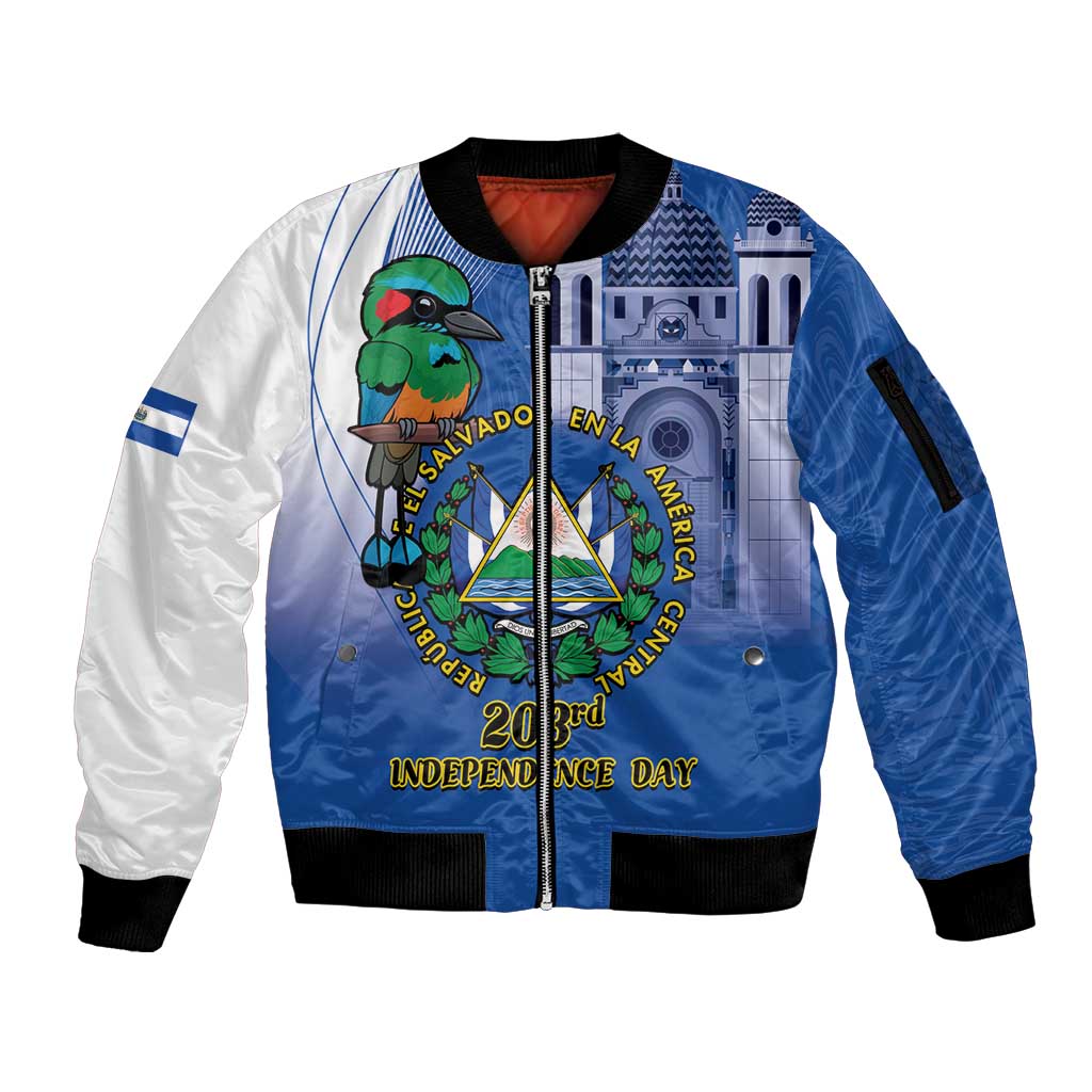 El Salvador Independence Day Sleeve Zip Bomber Jacket 203rd Anniversary Torogoz Bird - Wonder Print Shop