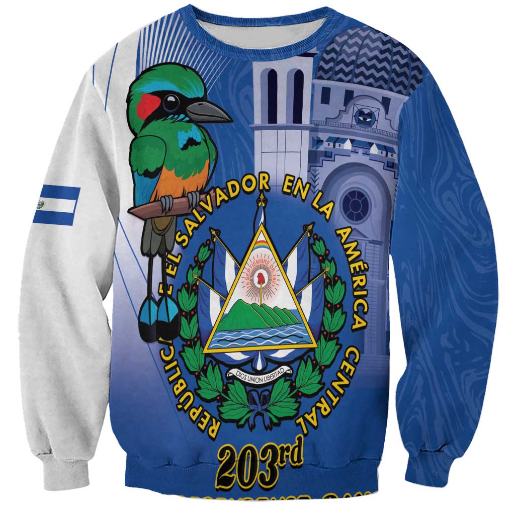 Unisex blue and gray sweatshirt with colorful bird and El Salvador emblem graphic