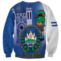 Unisex blue and gray sweatshirt with bird, castle, and colorful El Salvador text