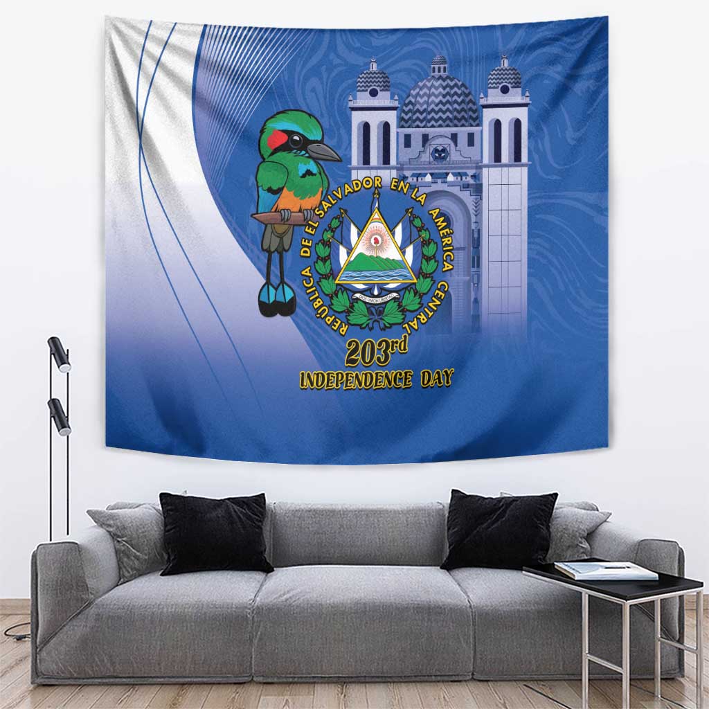 Blue Independence Day tapestry with colorful bird, crest, and 203rd Independence Day text