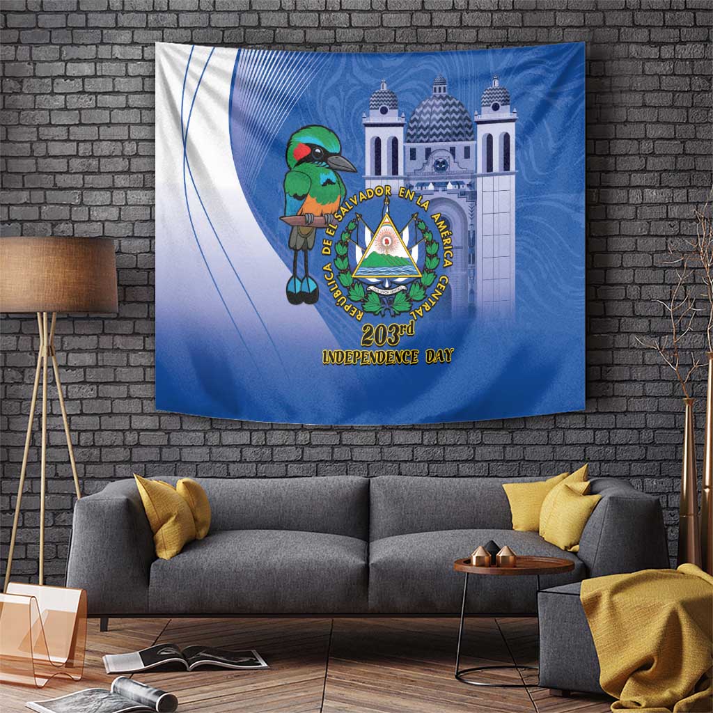 Blue wall tapestry featuring bird mascot, central crest, and 203rd Independence Day lettering