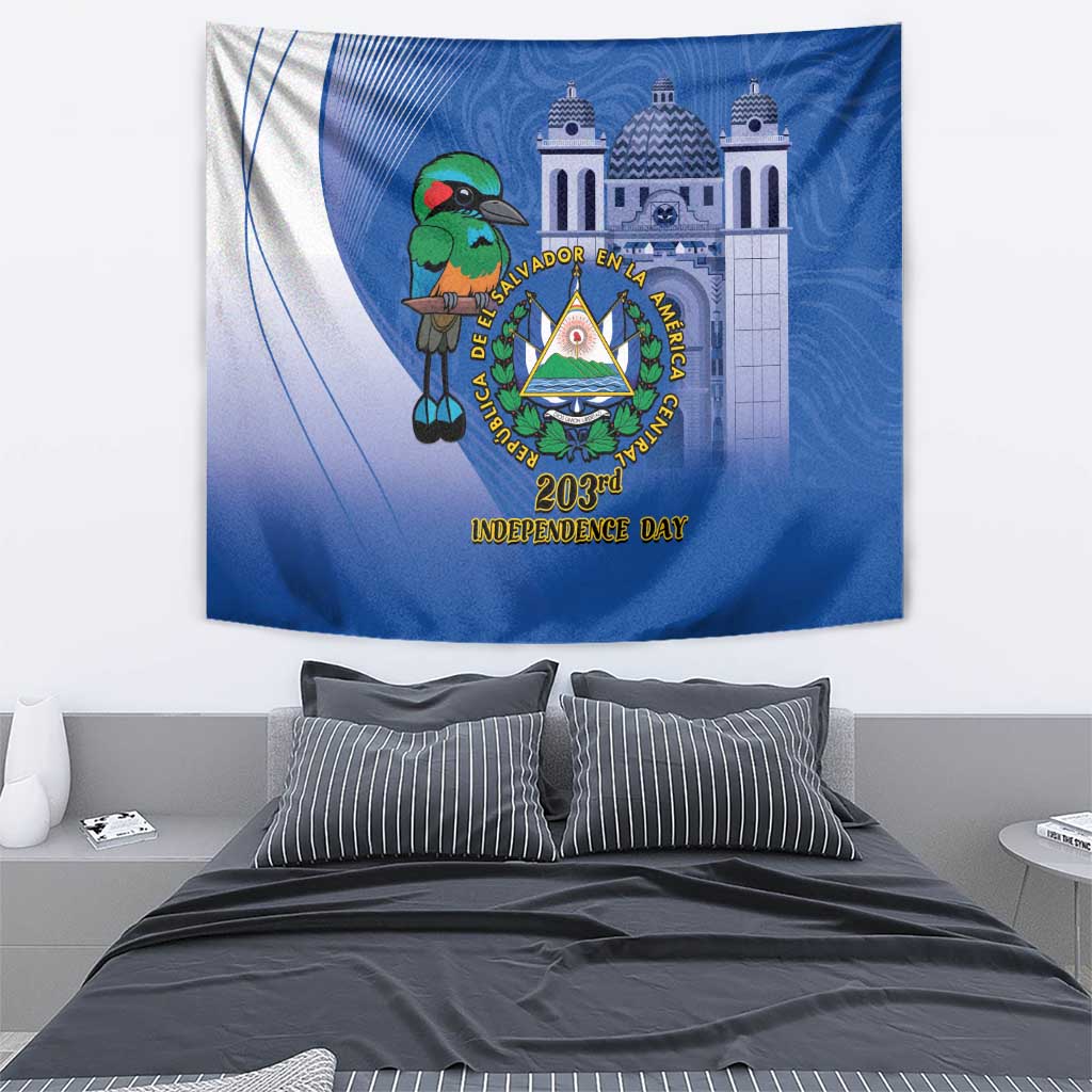 Blue Independence Day tapestry with bird and ornate crest, 203rd Independence Day headline