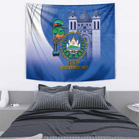 Blue Independence Day tapestry with bird and ornate crest, 203rd Independence Day headline