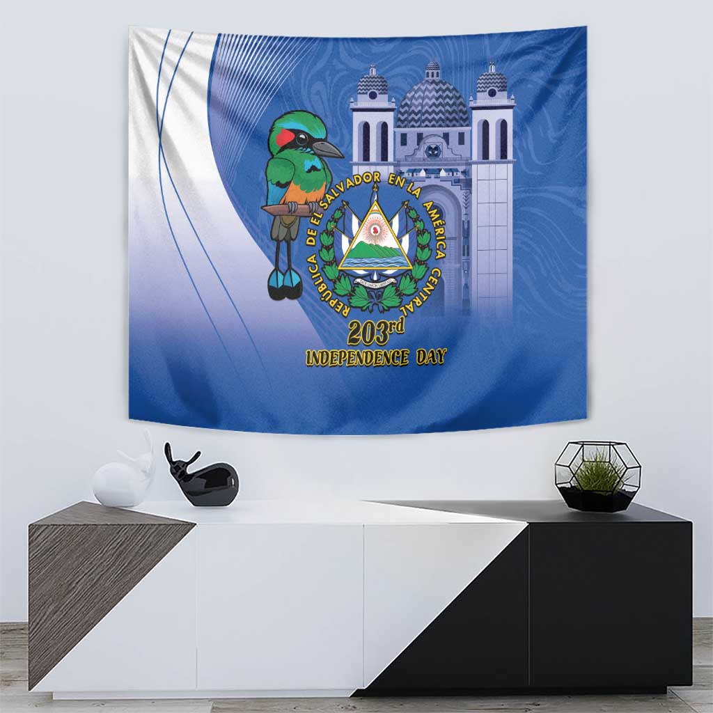 Blue tapestry with bird character and El Salvador crest, 203rd Independence Day on center