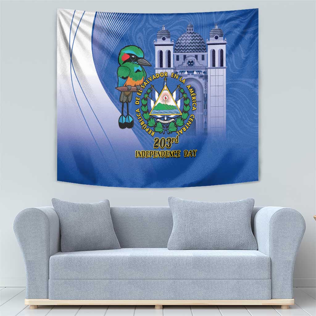 Blue bird-and-crest Independence Day tapestry with 203rd Independence Day text