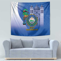Blue bird-and-crest Independence Day tapestry with 203rd Independence Day text