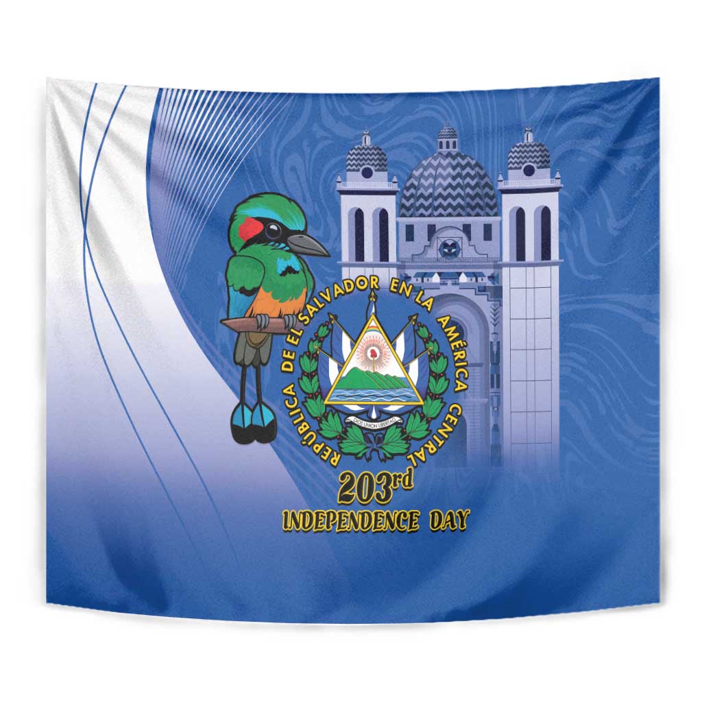 Blue tapestry close-up with bird, central emblem, and 203rd Independence Day wording