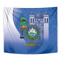 Blue tapestry close-up with bird, central emblem, and 203rd Independence Day wording