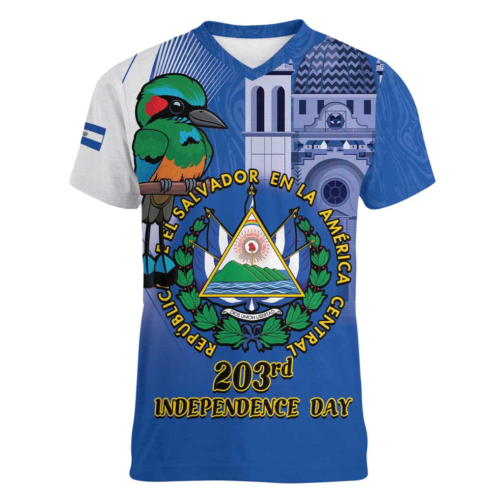 El Salvador Independence Day Women V-Neck T-Shirt 203rd Anniversary Torogoz Bird - Wonder Print Shop