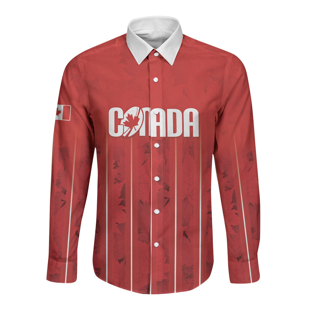 Custom Canada Rugby 2026 Long Sleeve Button Shirt Maple Leaf Striped Line Style