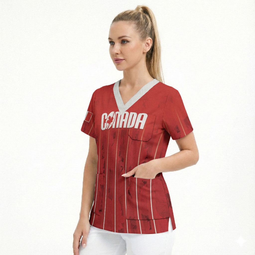 Custom Canada Rugby 2026 Scrub Top Maple Leaf Striped Line Style